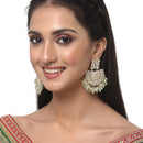 Gold-Plated Sea Green & White Kundan studded Crescent Shaped Drop Earrings