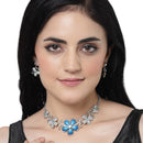 Rhodium-Plated Blue American Diamonds Studded Floweret Necklace & Earrings Jewellery Set