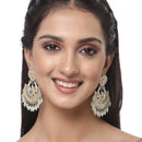 Gold-Plated Sea Green & White Kundan studded Crescent Shaped Chandbali Earrings