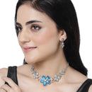 Rhodium-Plated Blue American Diamonds Studded Floweret Necklace & Earrings Jewellery Set