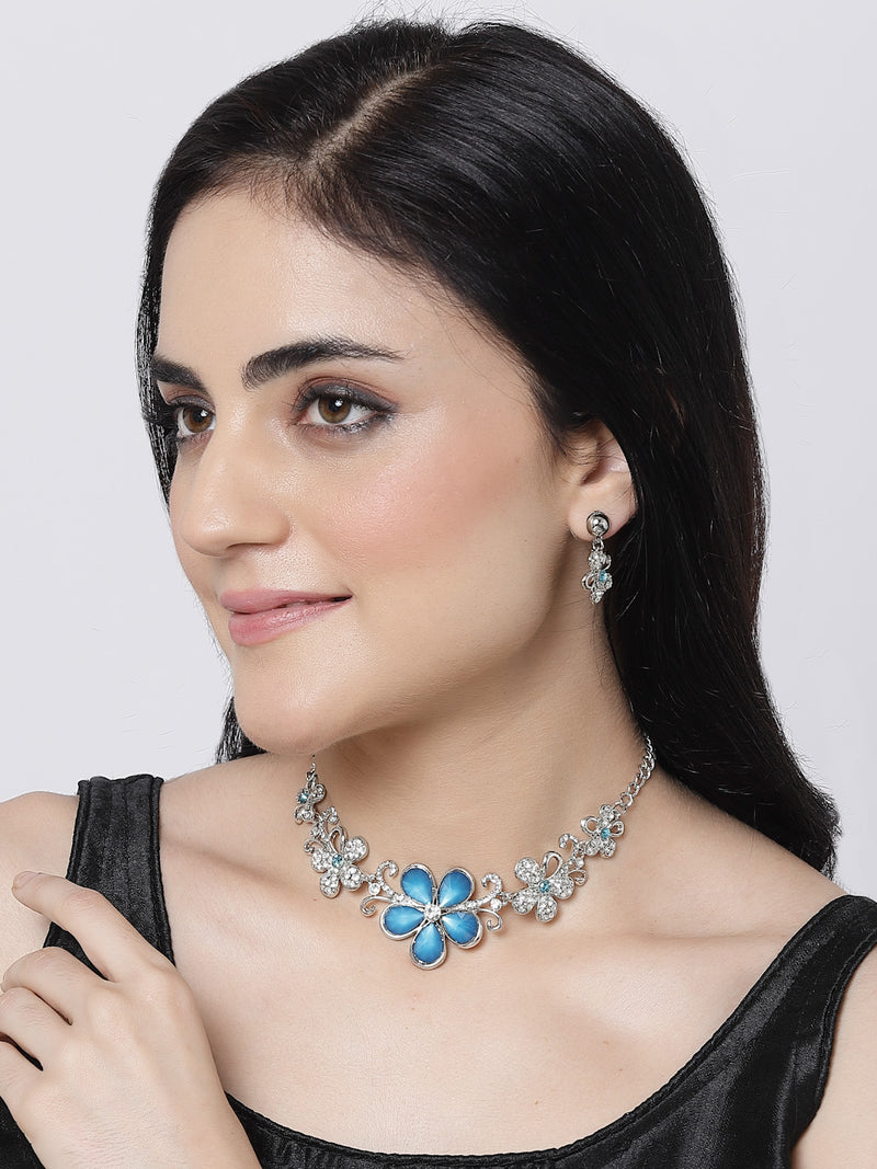 Rhodium-Plated Blue American Diamonds Studded Floweret Necklace & Earrings Jewellery Set