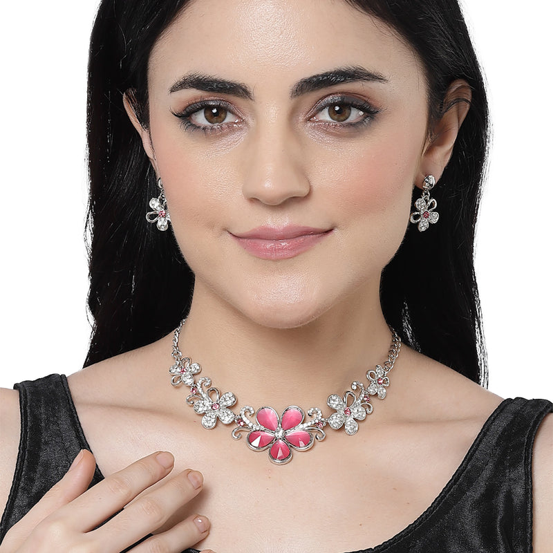Rhodium-Plated Red American Diamonds Studded Floweret Necklace & Earrings Jewellery Set