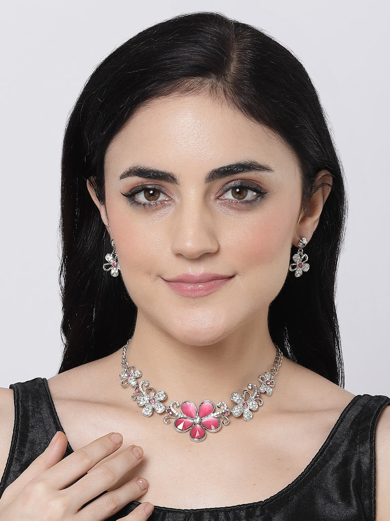 Rhodium-Plated Red American Diamonds Studded Floweret Necklace & Earrings Jewellery Set