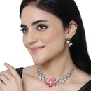 Rhodium-Plated Red American Diamonds Studded Floweret Necklace & Earrings Jewellery Set