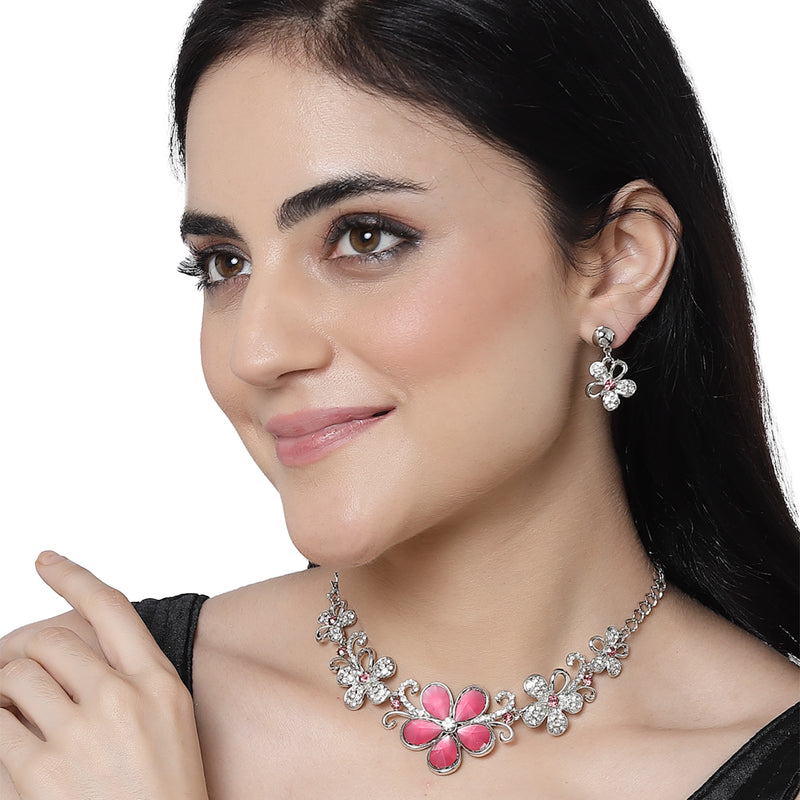 Rhodium-Plated Red American Diamonds Studded Floweret Necklace & Earrings Jewellery Set
