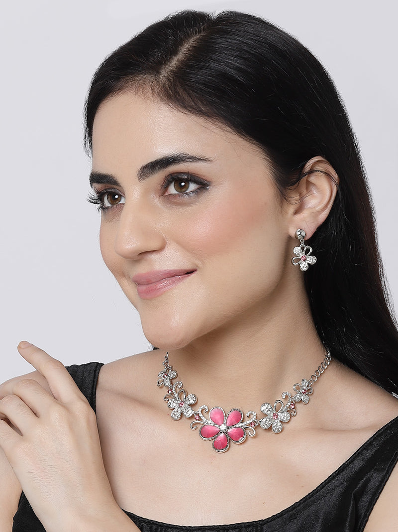 Rhodium-Plated Red American Diamonds Studded Floweret Necklace & Earrings Jewellery Set