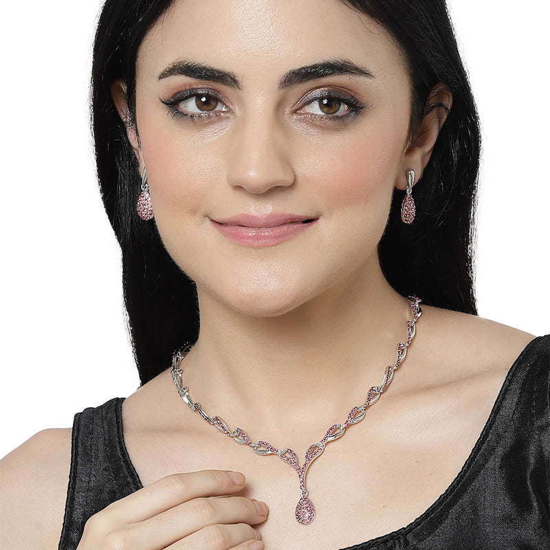 Silver-Plated Pink & White Cubic Zirconia Studded Teardrop Shaped Necklace with Earrings Jewellery Set