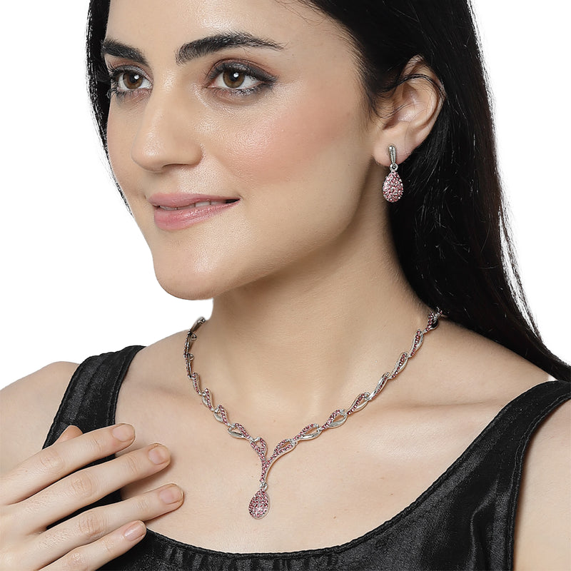 Silver-Plated Pink & White Cubic Zirconia Studded Teardrop Shaped Necklace with Earrings Jewellery Set
