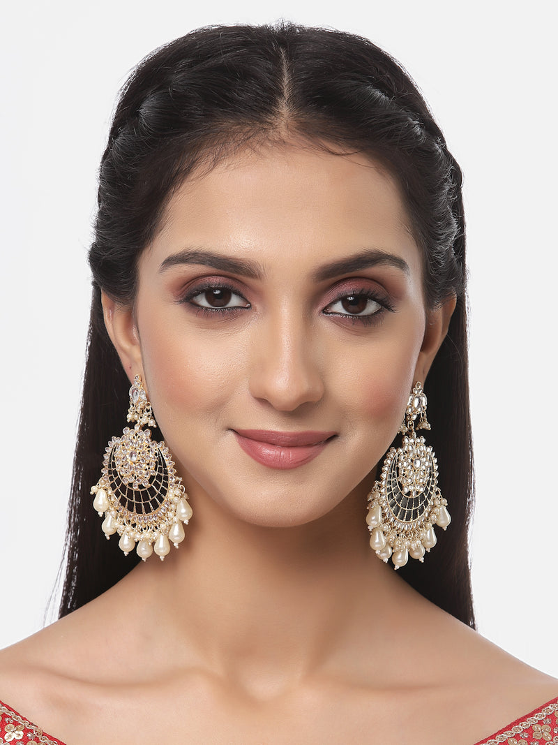 Gold-Plated Kundan studded Black & Off-White Crescent Shaped Chandbali Earrings