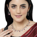 Silver-Plated Pink & White Cubic Zirconia Studded Flower Shaped Necklace with Earrings Jewellery Set