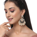 Gold-Plated Kundan studded Black & Off-White Crescent Shaped Chandbali Earrings