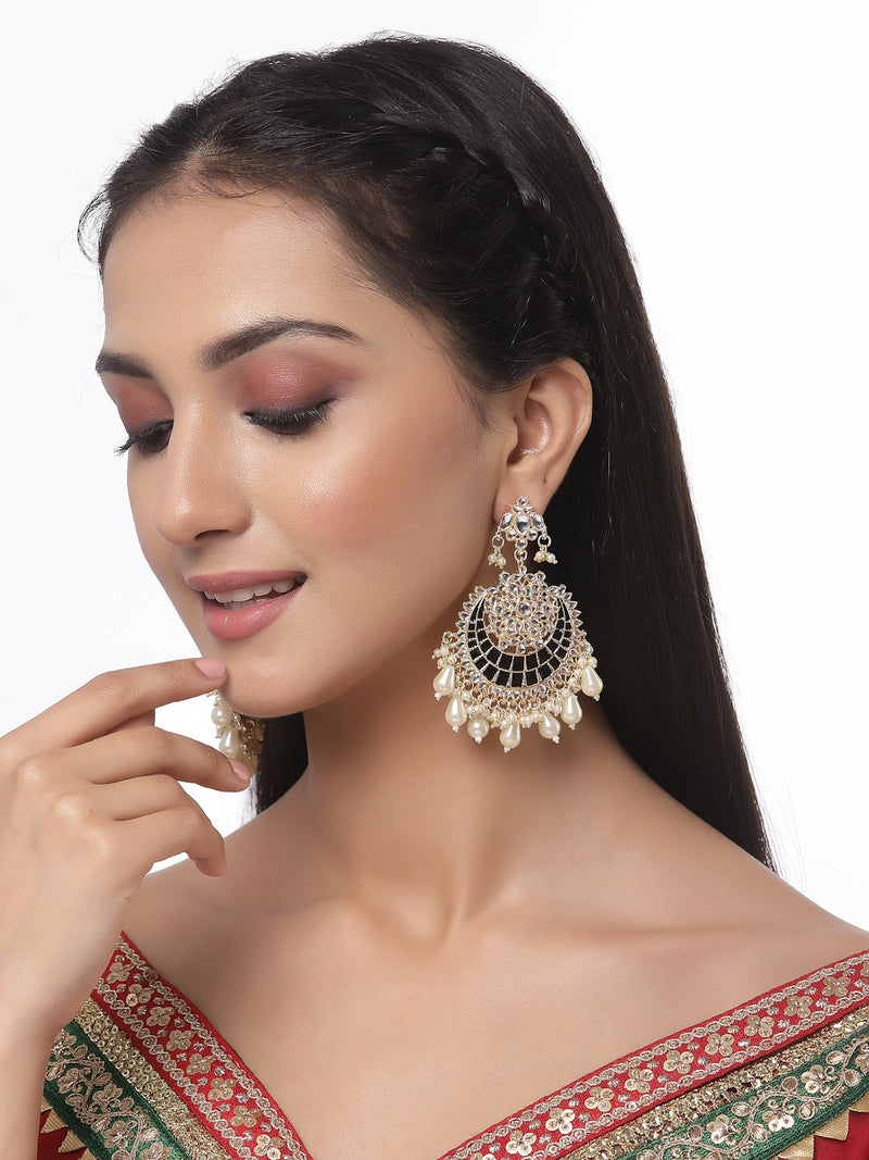 Gold-Plated Kundan studded Black & Off-White Crescent Shaped Chandbali Earrings