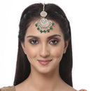 Gold-Plated Floral Green Pearl & Kundan studded  Chandbali Maang Tikka