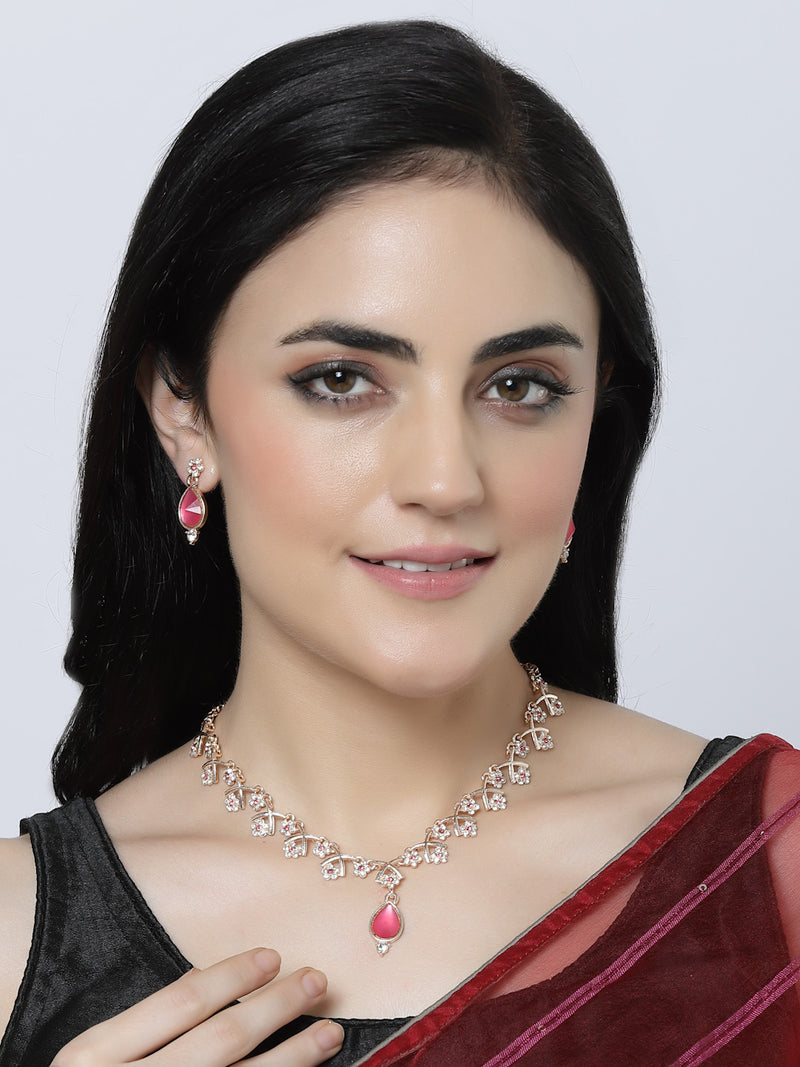 Rose Gold-Plated Pink Cubic Zirconia Studded Teardrop Shaped Necklace with Earrings Jewellery Set