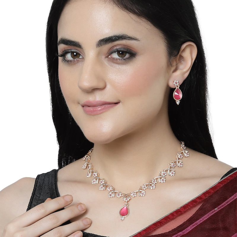 Rose Gold-Plated Pink Cubic Zirconia Studded Teardrop Shaped Necklace with Earrings Jewellery Set