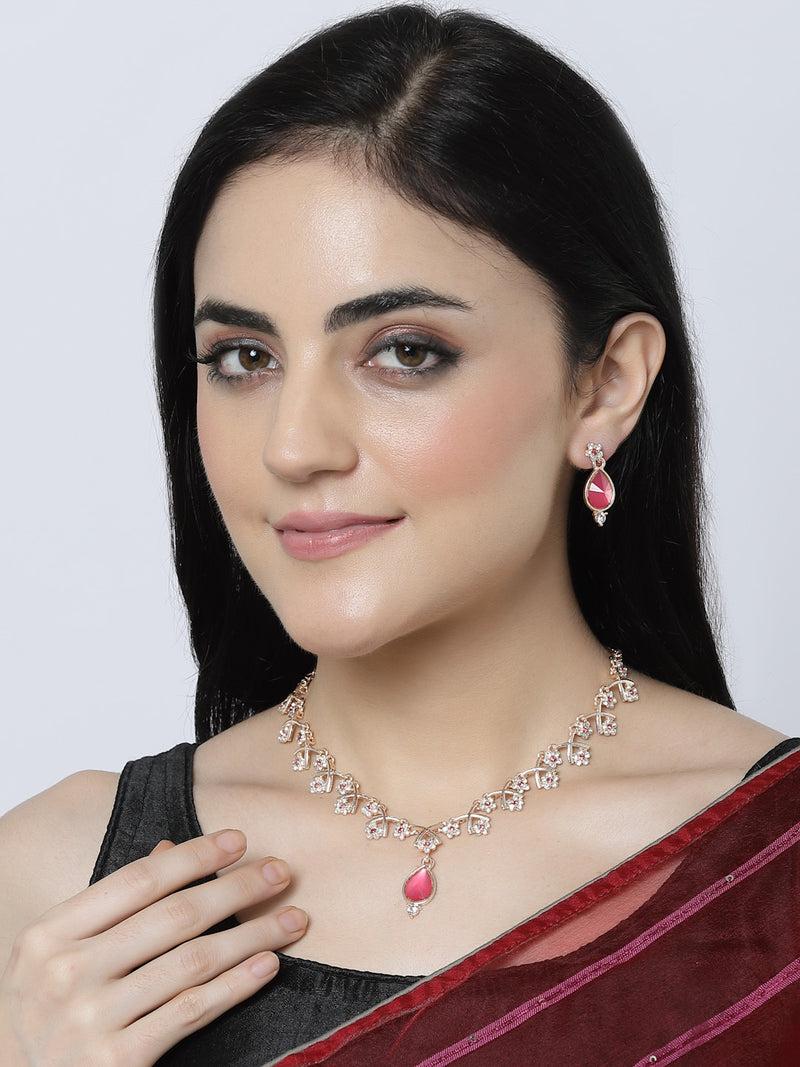 Rose Gold-Plated Pink Cubic Zirconia Studded Teardrop Shaped Necklace with Earrings Jewellery Set