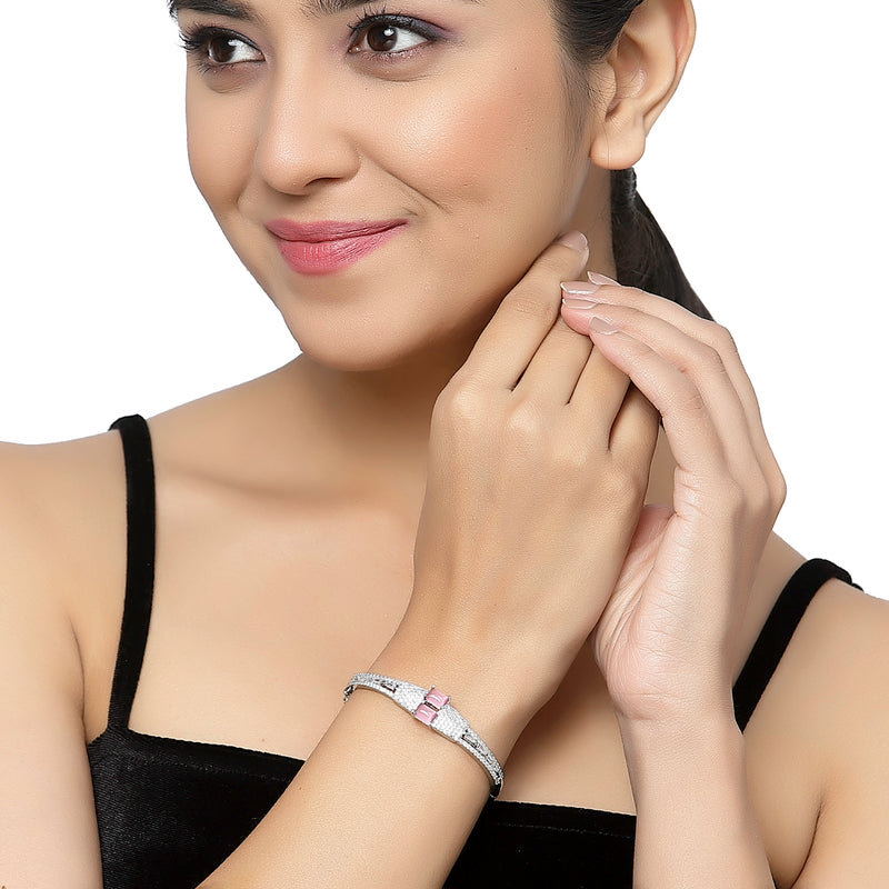Rhodium-Plated Silver Toned Square Shaped Pink American Diamond Studded Bracelet