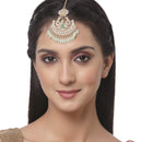 Gold-Plated Square White & Light Green Pearl & Kundan studded  Chandbali Maang Tikka