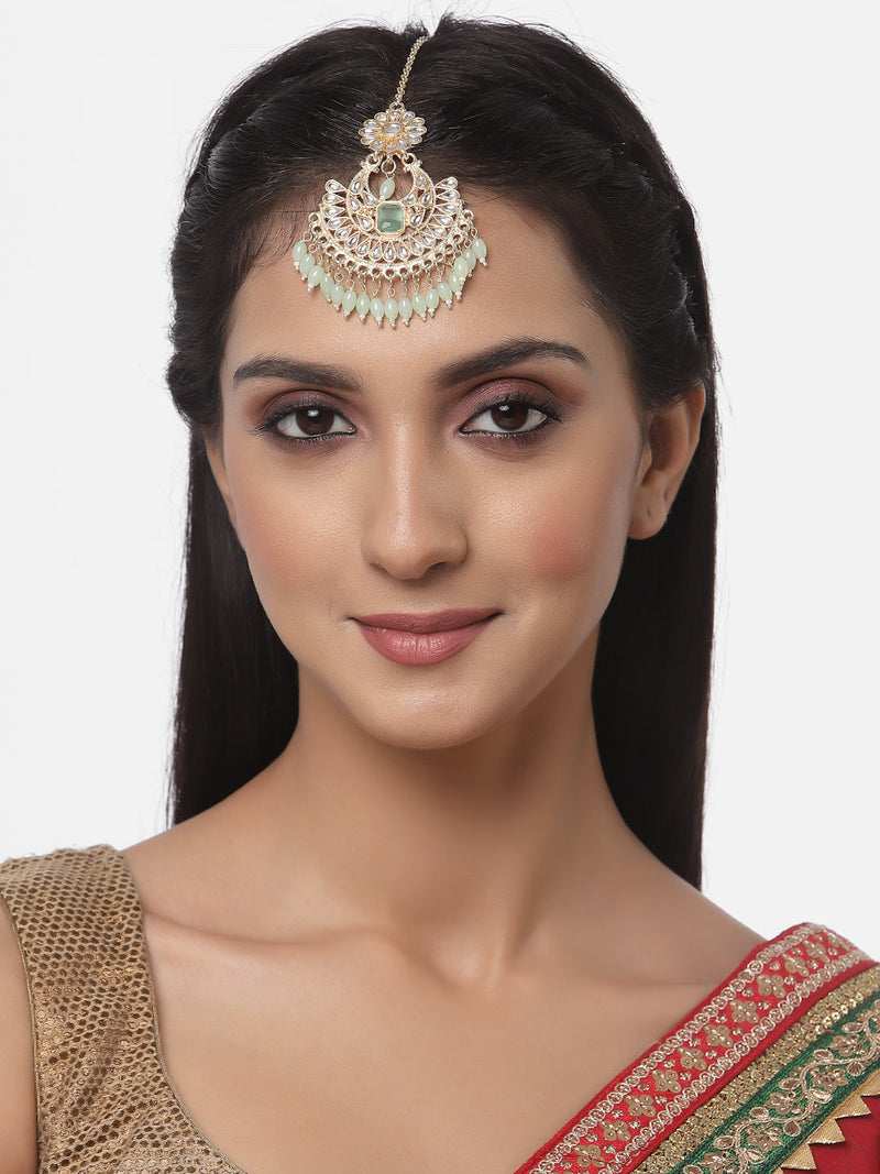 Gold-Plated Floral Light Green Pearl & Kundan studded  Chandbali Maang Tikka