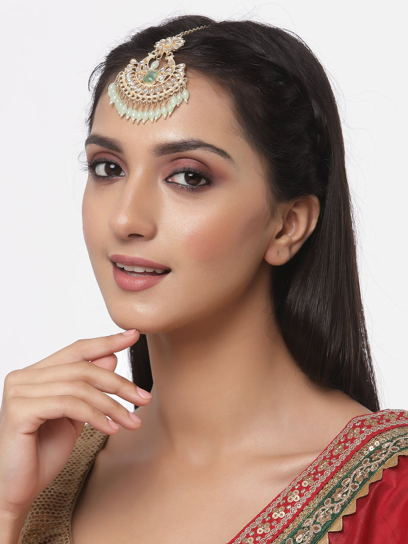Gold-Plated Floral Light Green Pearl & Kundan studded  Chandbali Maang Tikka