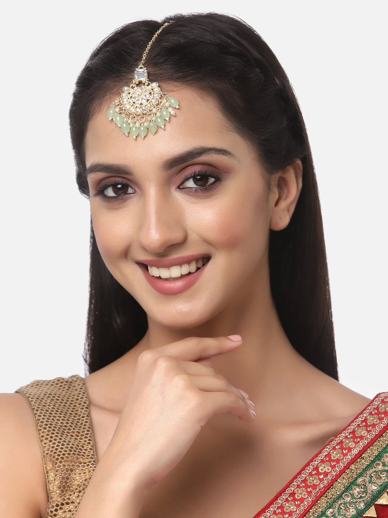 Gold-Plated Square White & Light Green Pearl & Kundan studded  Chandbali Maang Tikka