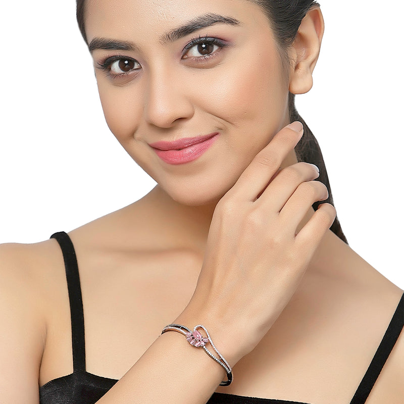 Rose Gold-Plated Black Toned Flower Shaped Pink American Diamond Studded  Bracelet