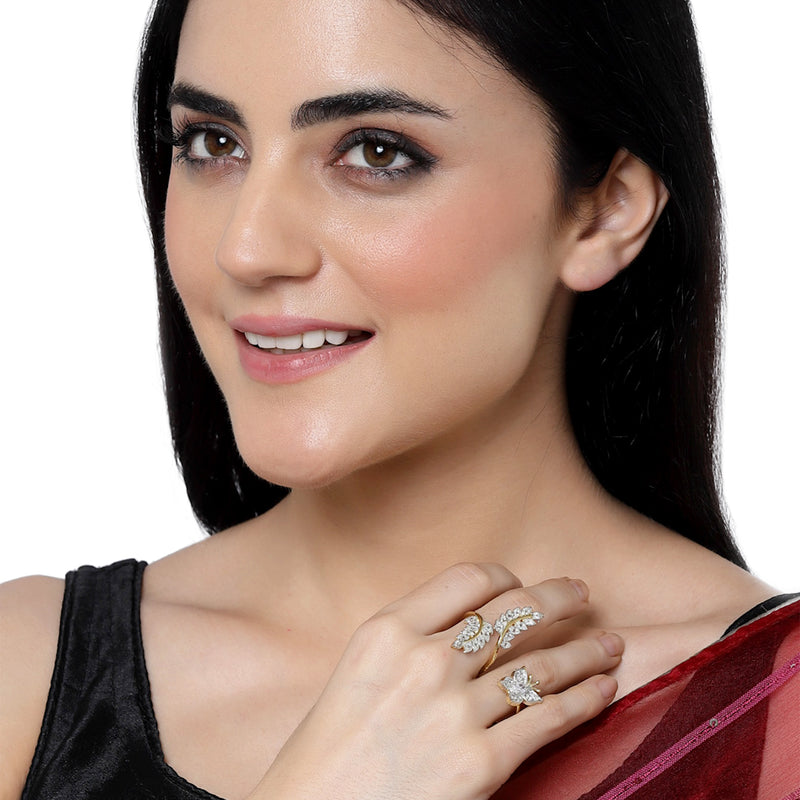 Gold-Plated  Butterfly & Leaf Shaped White Cubic Zirconia Studded  Ring