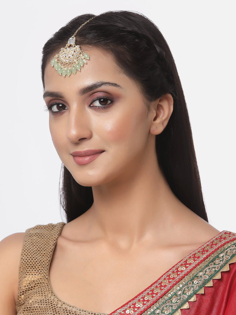 Gold-Plated Square White & Light Green Pearl & Kundan studded  Chandbali Maang Tikka