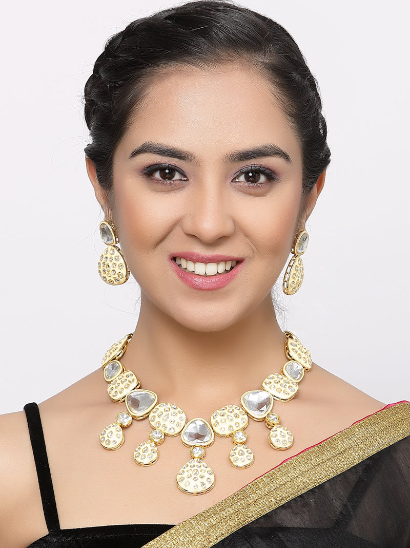 Gold-Plated Kundan Studded Yellow Enamelled Necklace With Earrings Jewellery Set