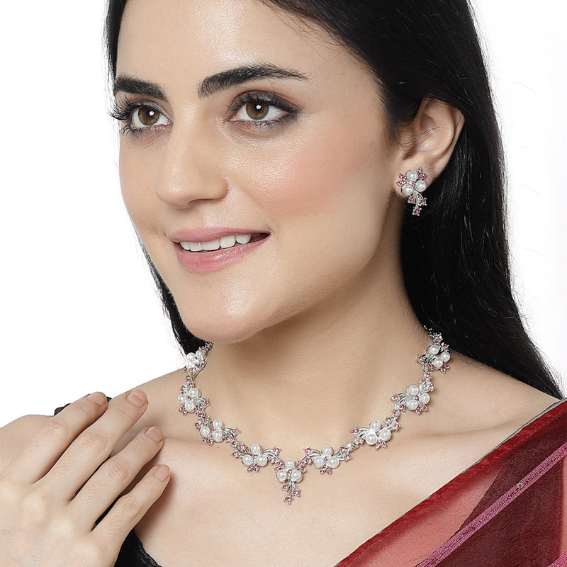 Silver-Plated Pink Cubic Zirconia & White Pearls Studded Jewellery Set
