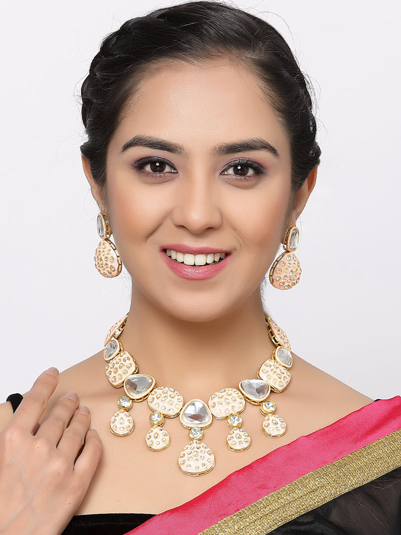 Gold-Plated Kundan Studded Pink Enamelled Necklace With Earrings Jewellery Set