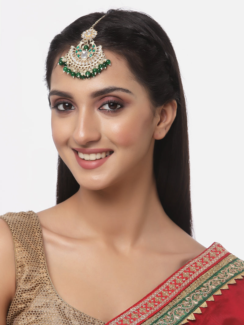 Gold-Plated Green & White Kundan studded Maang Tikka