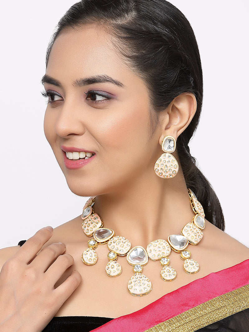 Gold-Plated Kundan Studded Pink Enamelled Necklace With Earrings Jewellery Set