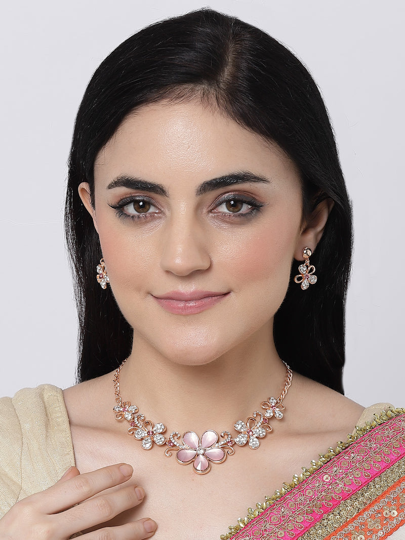 Rose Gold-Plated Pink American Diamonds Studded Floweret Necklace & Earrings Jewellery Set