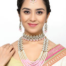 Gold-Plated Pink & White Beaded Floral Kundan Studded Layered Jewellery Set