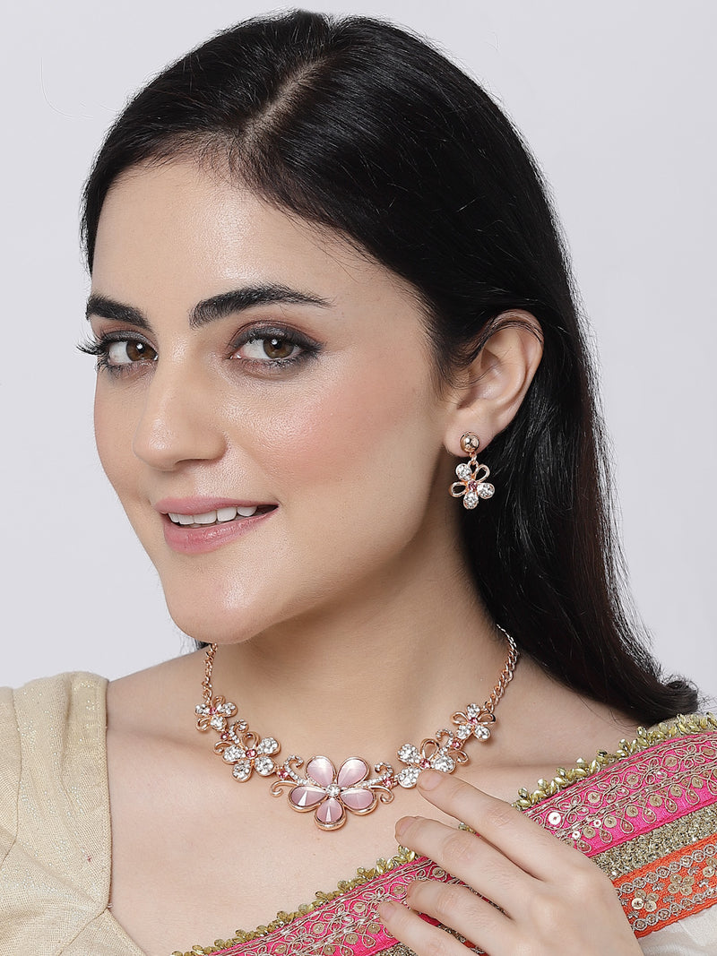 Rose Gold-Plated Pink American Diamonds Studded Floweret Necklace & Earrings Jewellery Set