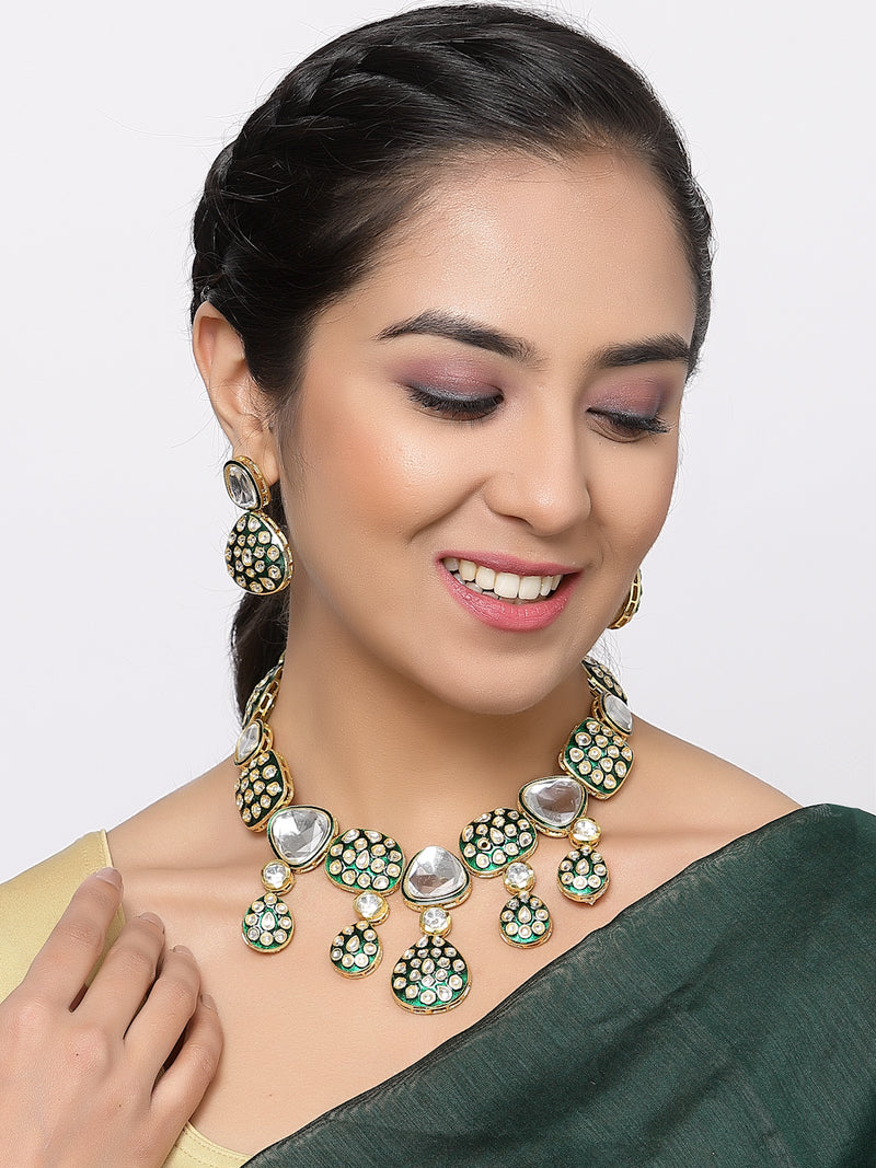 Gold-Plated Kundan Studded Green Enamelled Necklace With Earrings Jewellery Set