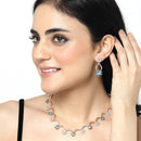 Rose Gold-Plated Blue & White Cubic Zirconia Studded Flower Shaped Necklace with Earrings Jewellery Set