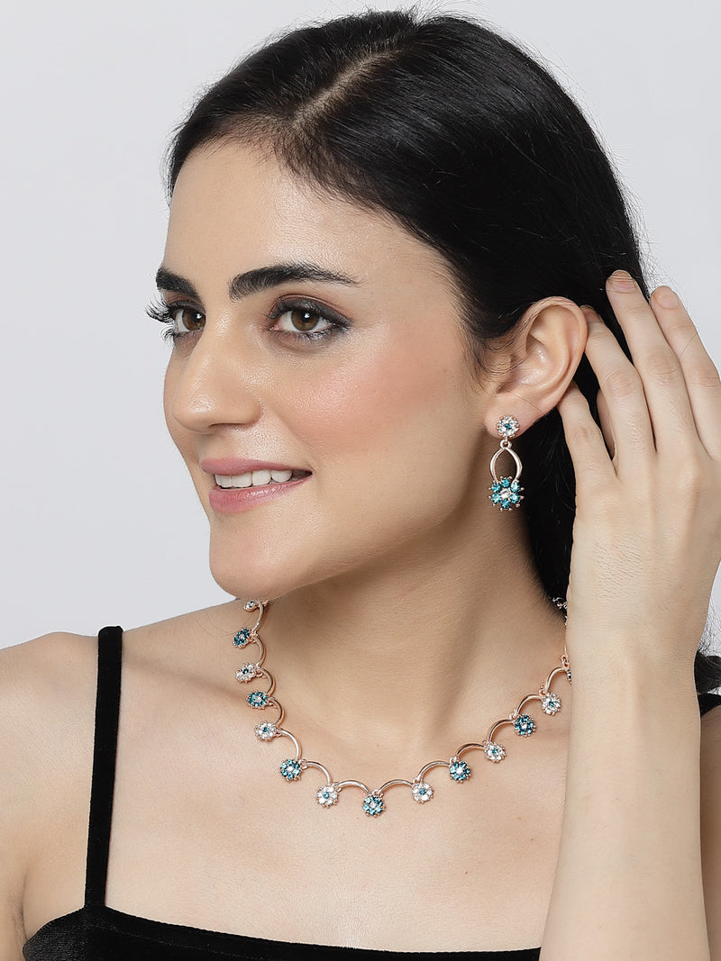 Rose Gold-Plated Blue & White Cubic Zirconia Studded Flower Shaped Necklace with Earrings Jewellery Set