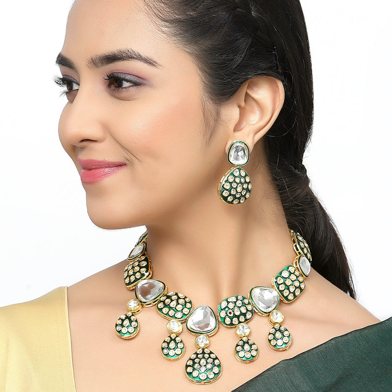 Gold-Plated Kundan Studded Green Enamelled Necklace With Earrings Jewellery Set