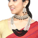 Gold-Plated Black & White Beaded Floral Kundan Studded Layered Jewellery Set