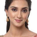 Gold-Plated Red & Green Kundan & Pearls studded Classic Jhumka Earrings with Ear Chain