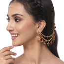 Gold-Plated Red & Green Kundan & Pearls studded Classic Jhumka Earrings with Ear Chain