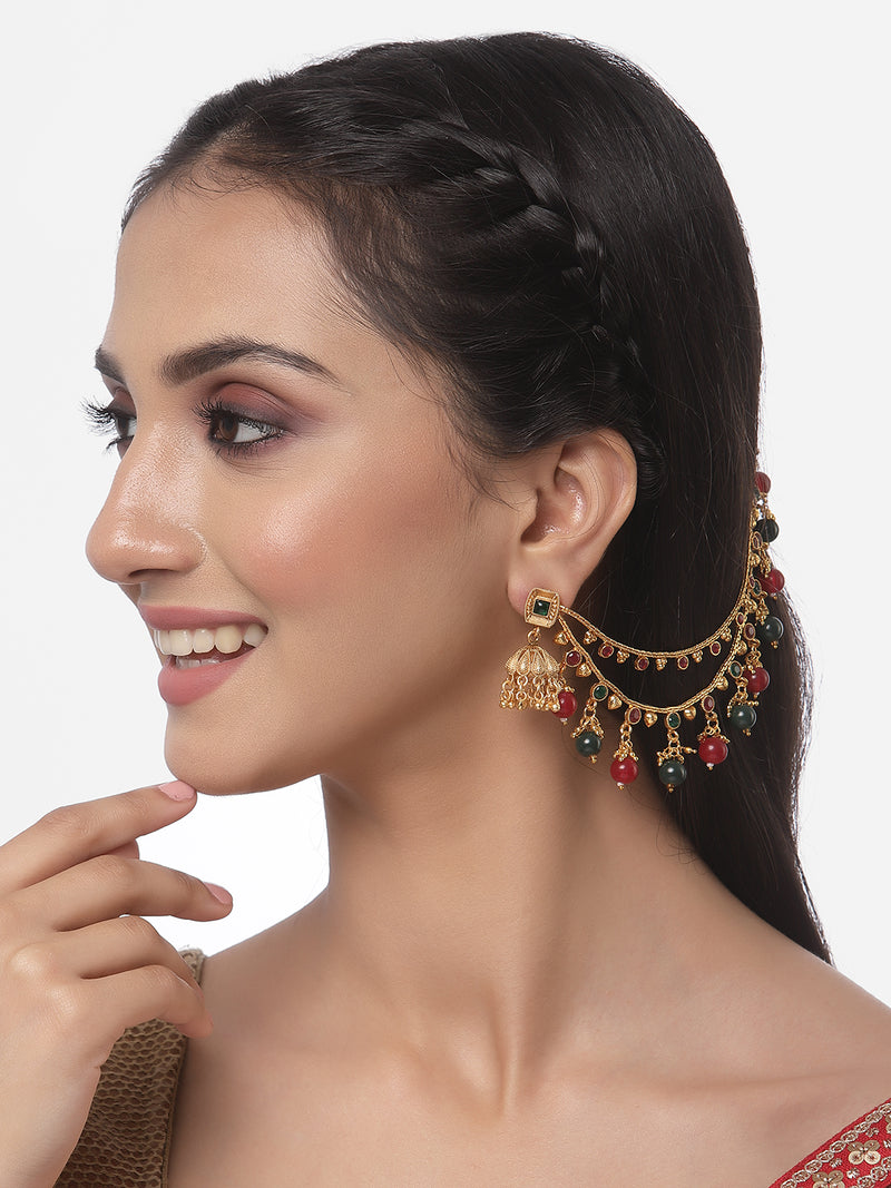 Gold-Plated Red & Green Kundan & Pearls studded Classic Jhumka Earrings with Ear Chain