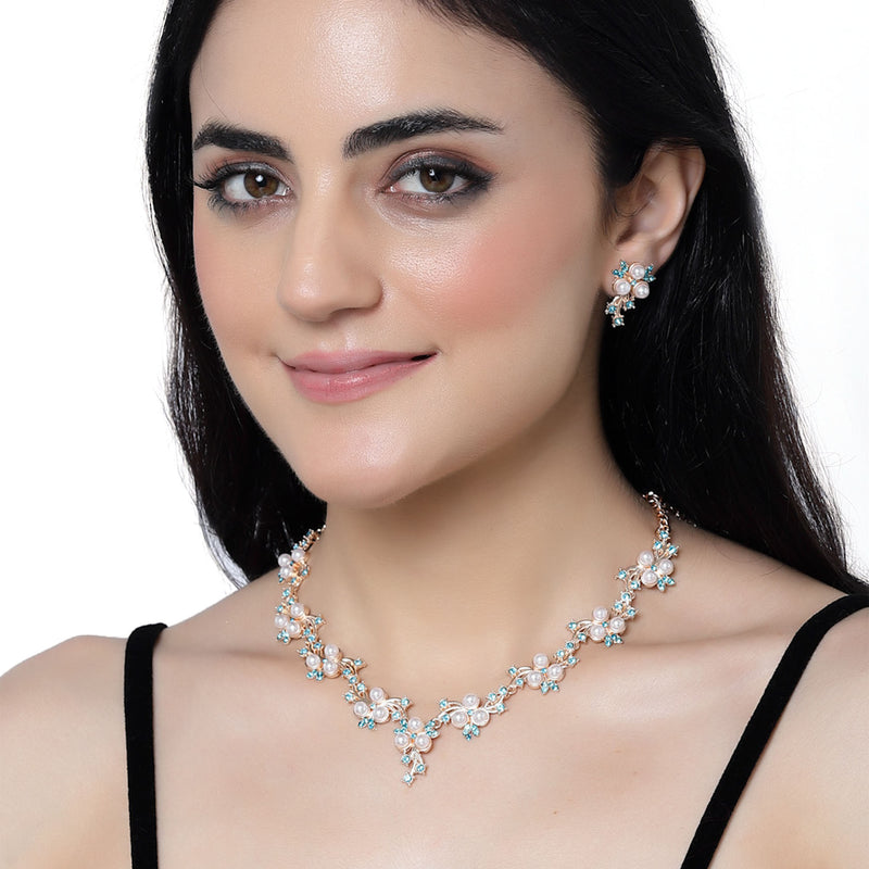 Rose Gold-Plated Blue Cubic Zirconia & White Pearls Studded Jewellery Set