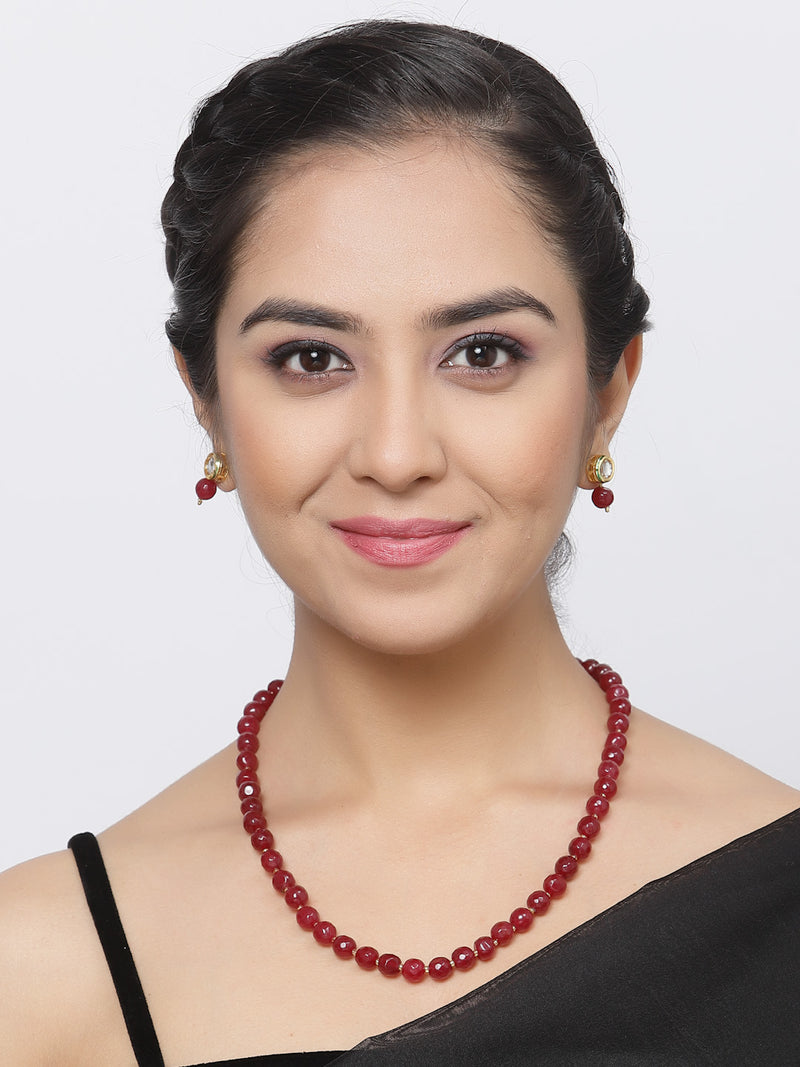 Gold-Plated Maroon Kundan Studded Pearl Shaped Necklace with Earrings Jewellery Set