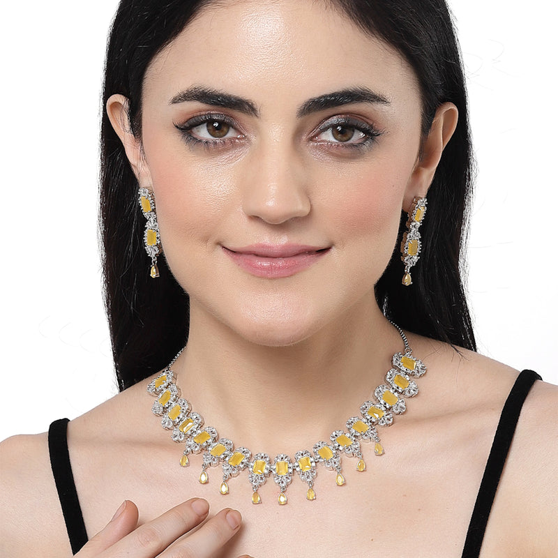 Rhodium-Plated Yellow American Diamonds Studded Teardrop & Cubical Necklace & Earrings Jewellery Set