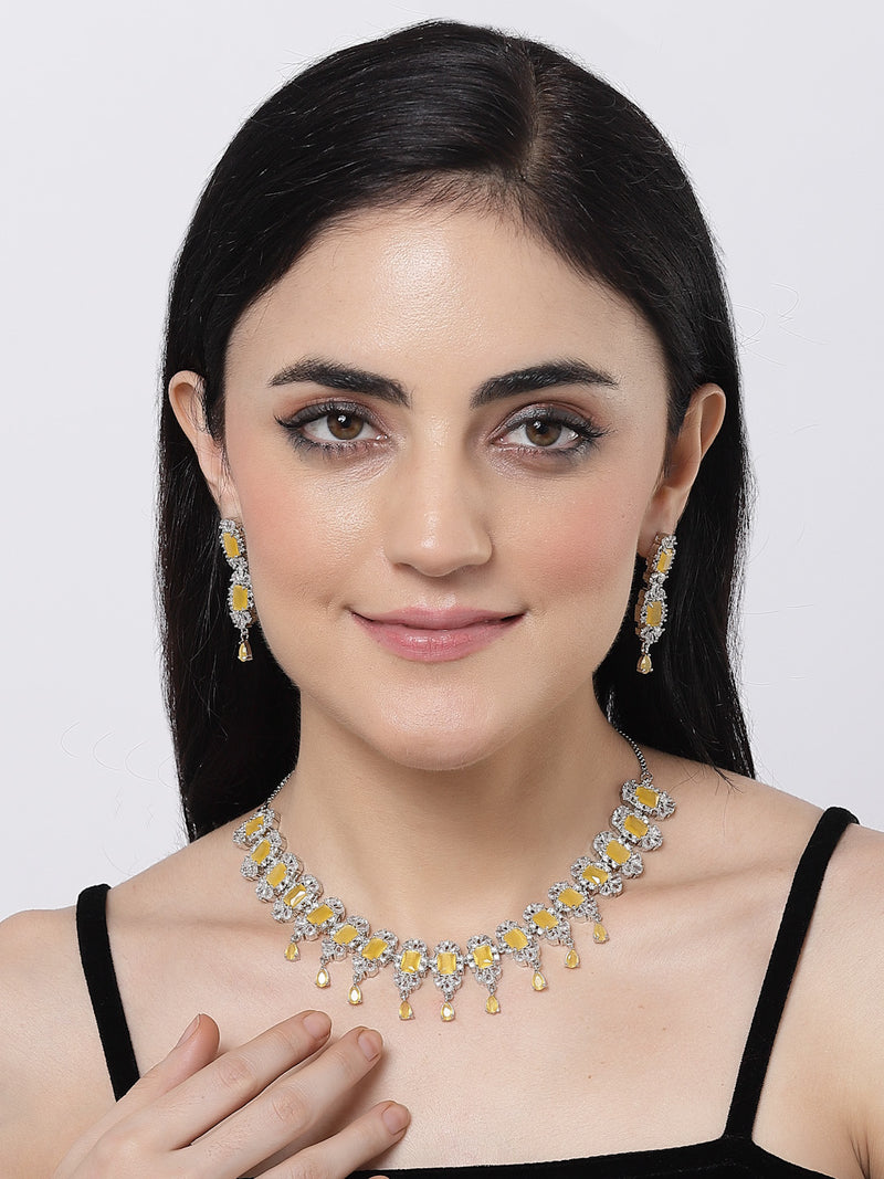 Rhodium-Plated Yellow American Diamonds Studded Teardrop & Cubical Necklace & Earrings Jewellery Set