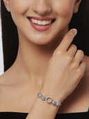 Rhodium Plated Silver Toned American Diamond Studded Round Charm & Pink Floral Design Adjustable Bracelet Combo Set of 2