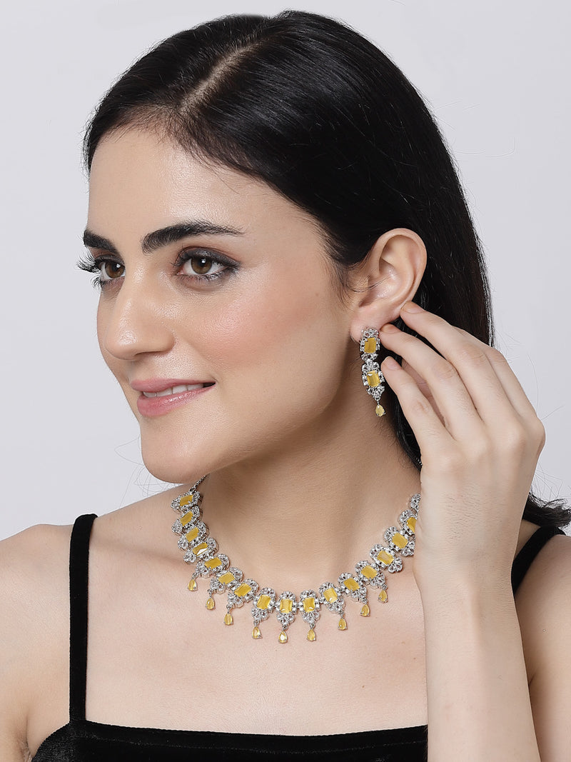 Rhodium-Plated Yellow American Diamonds Studded Teardrop & Cubical Necklace & Earrings Jewellery Set
